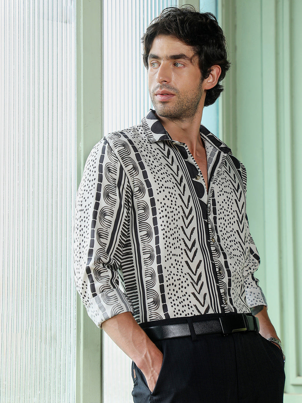 Men's Abstract Print Cuban Collar Casual Shirt