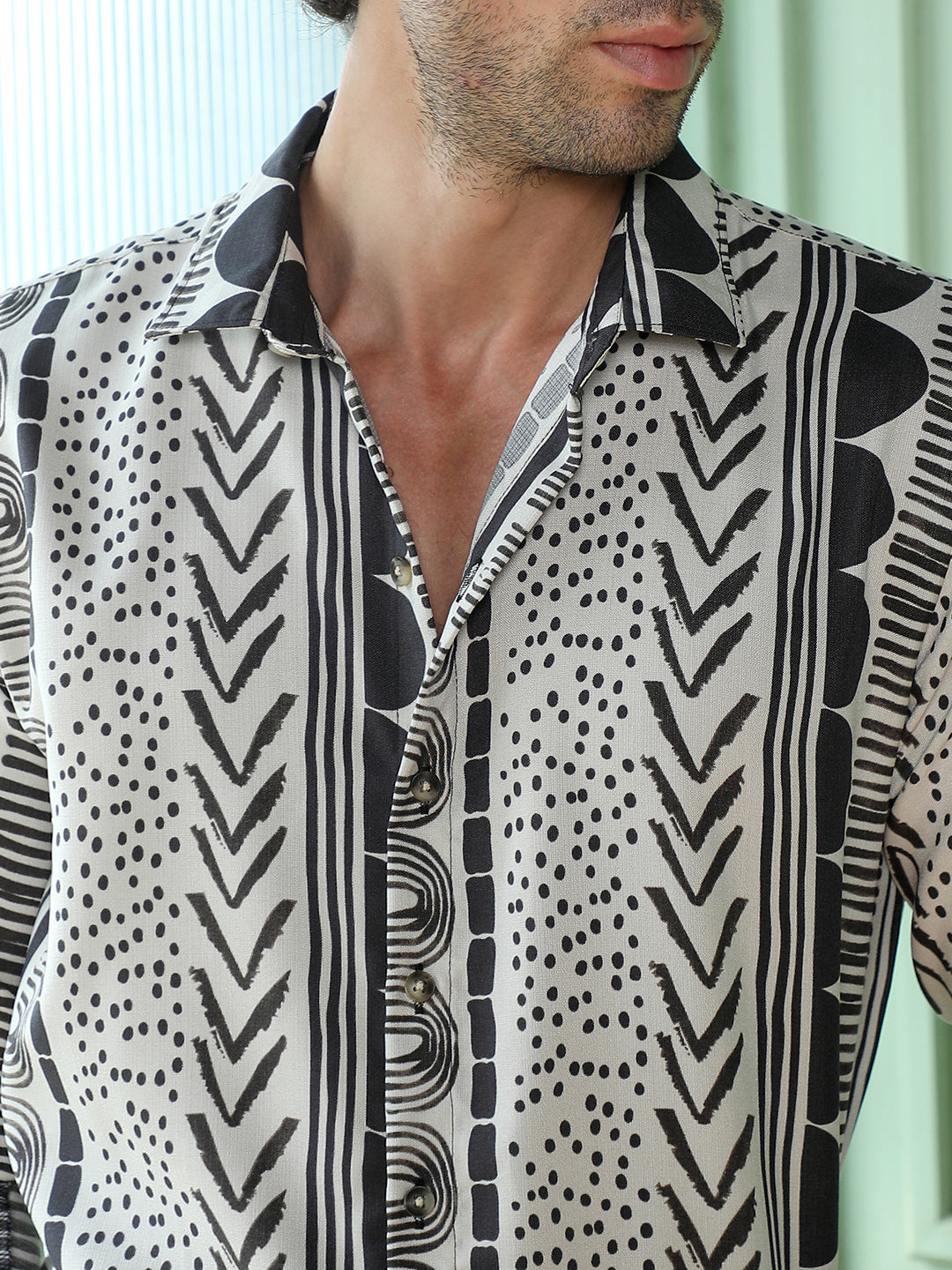 Men's Abstract Print Cuban Collar Casual Shirt