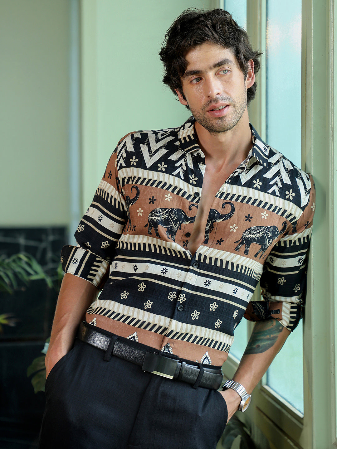 Men's Ethnic Elephant Print Full Sleeve Casual Shirt