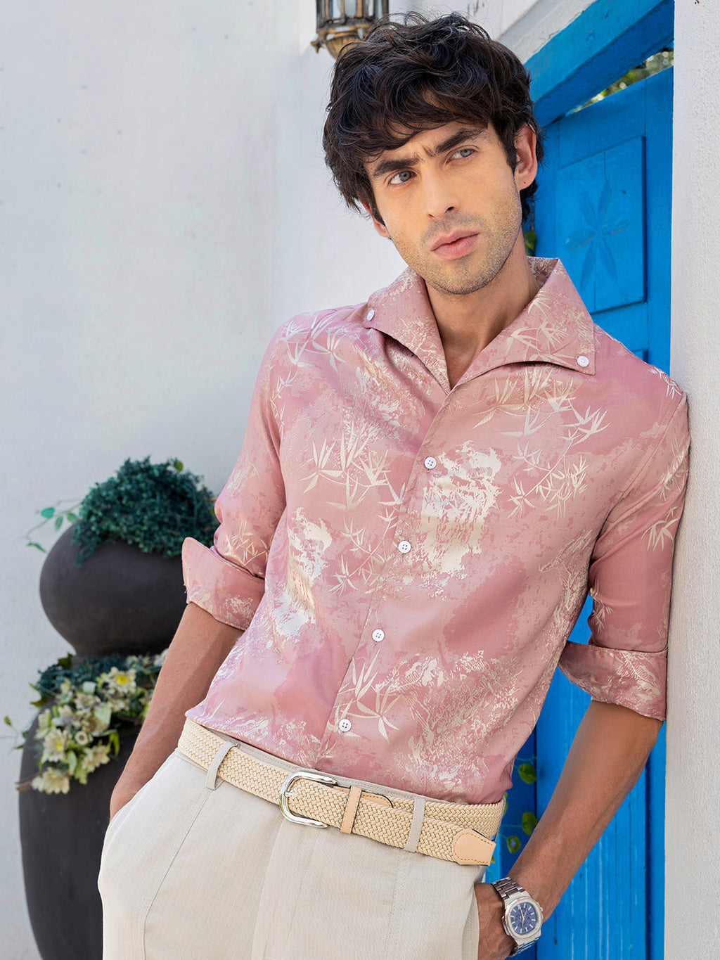Men's Pink Botanical Jacquard Cuban Collar Shirt