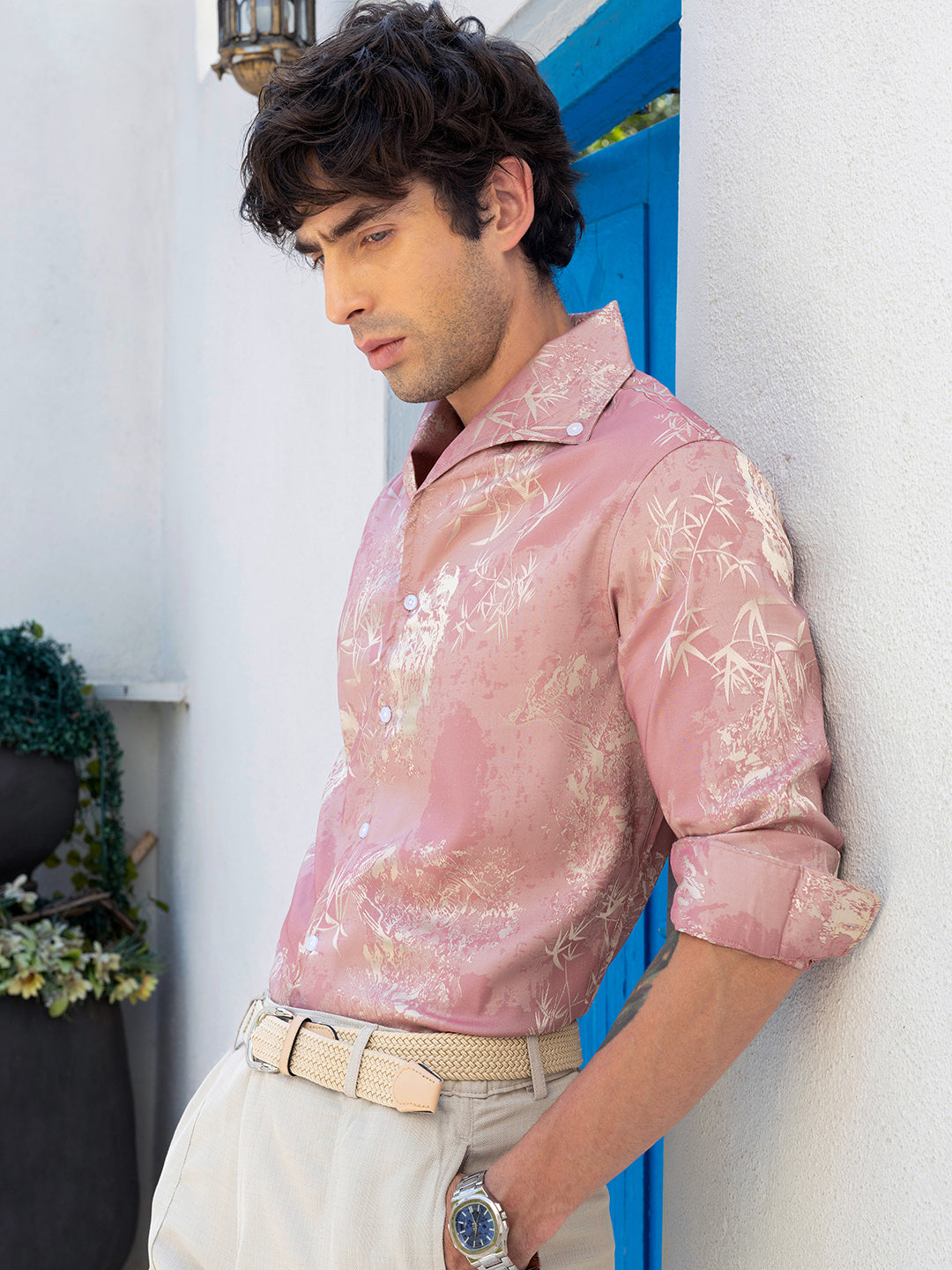 Men's Pink Botanical Jacquard Cuban Collar Shirt