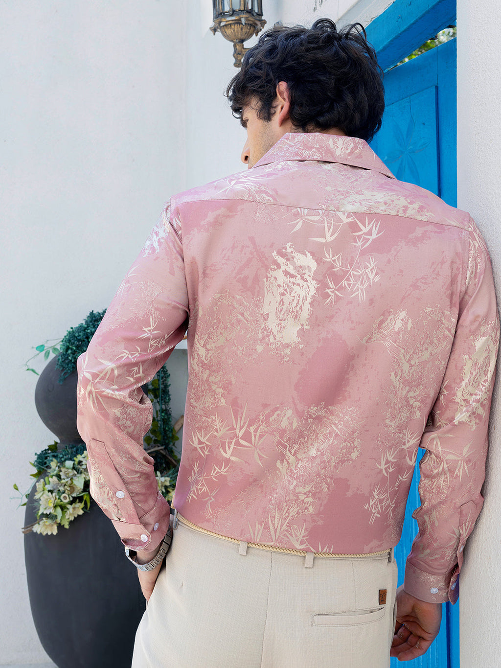 Men's Pink Botanical Jacquard Cuban Collar Shirt