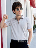 Men's Light Grey Textured Zip-Neck Polo T-Shirt