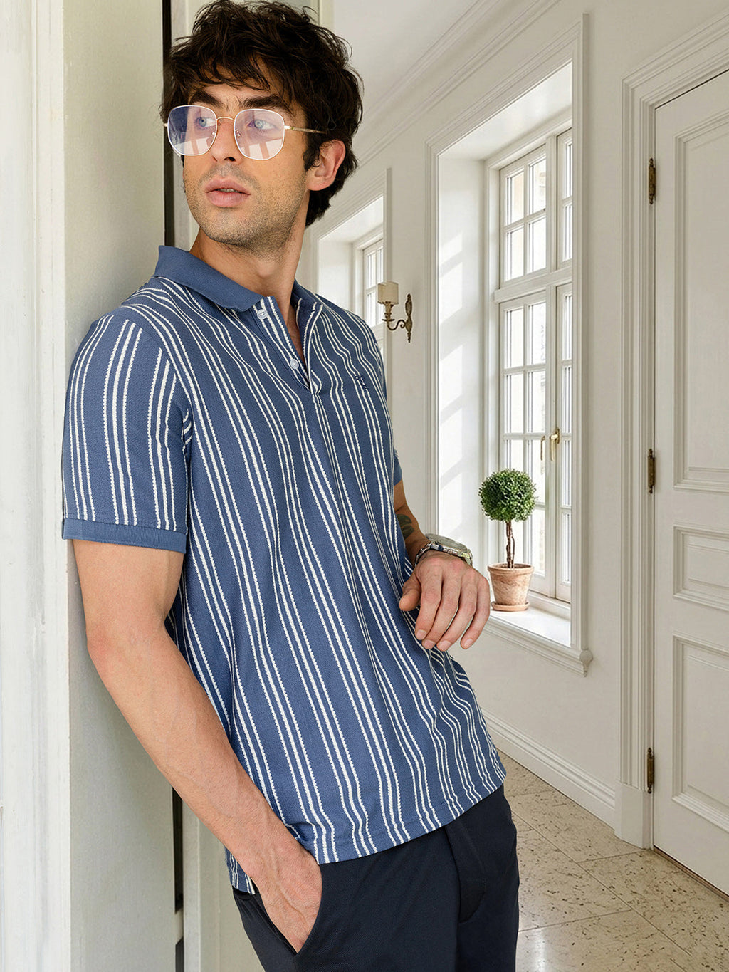 Men's Blue Vertical Striped Polo T-Shirt