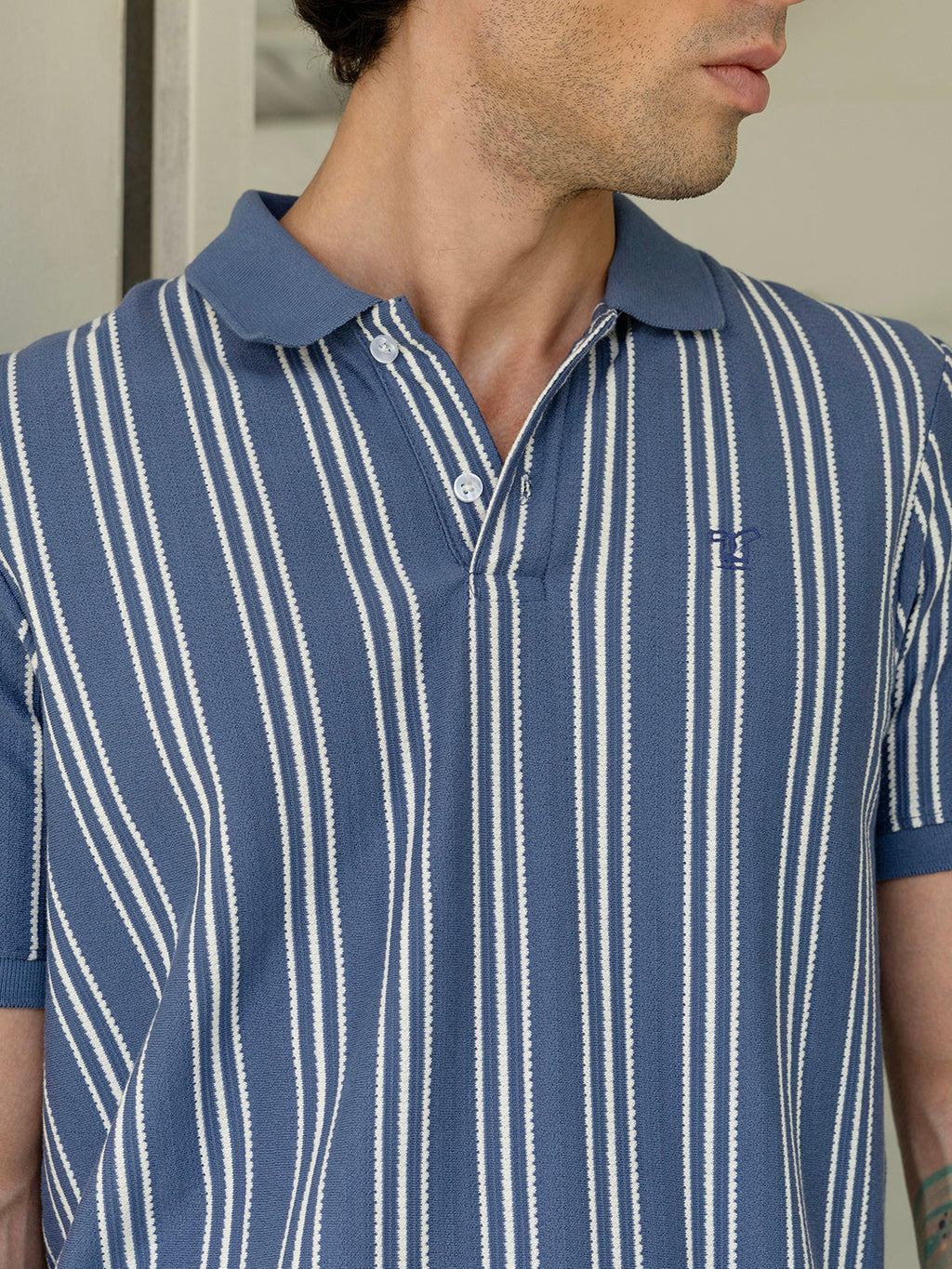 Men's Blue Vertical Striped Polo T-Shirt