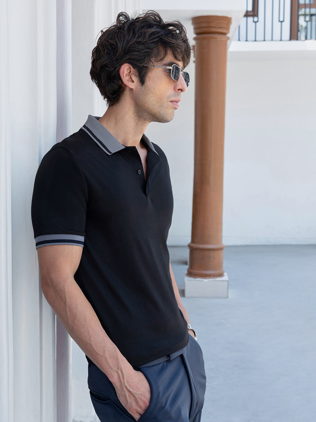 Men's Black Tipped Polo T-Shirt with Grey Contrast Details