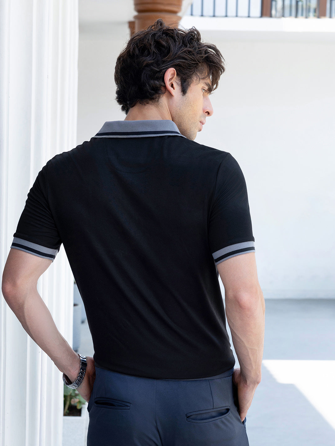 Men's Black Tipped Polo T-Shirt with Grey Contrast Details