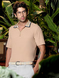 Men's Beige Solid Zip Neck Half Sleeve T-Shirt