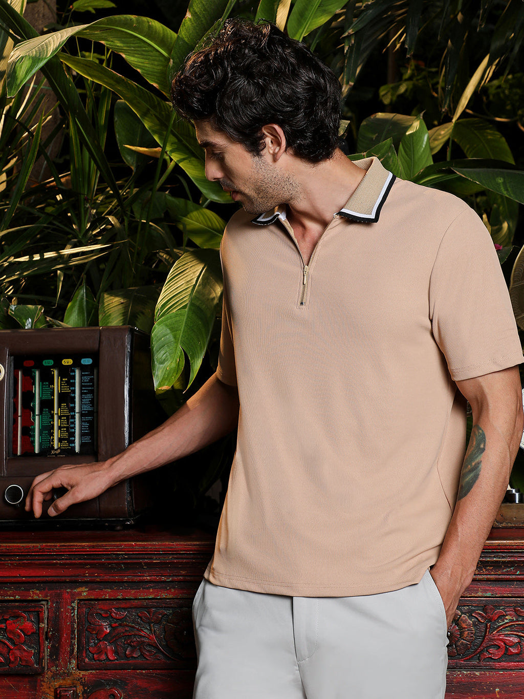 Men's Beige Solid Zip Neck Half Sleeve T-Shirt
