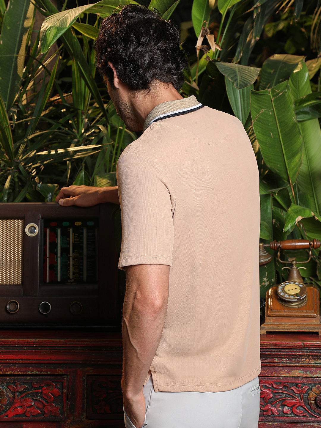 Men's Beige Solid Zip Neck Half Sleeve T-Shirt