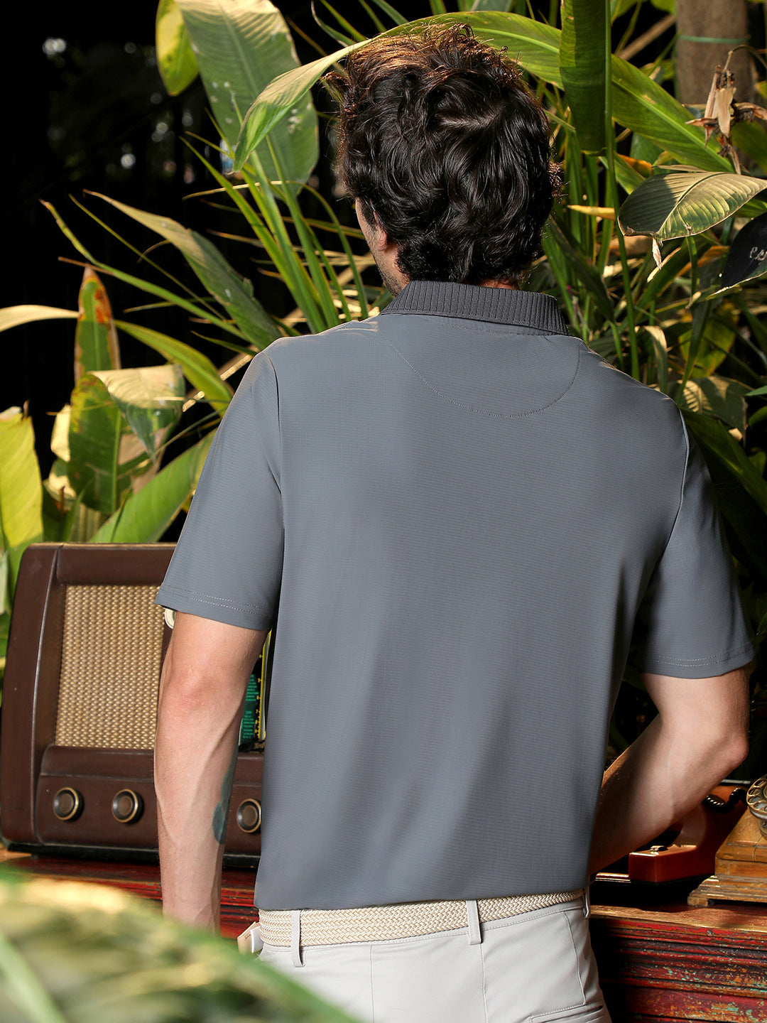 Men's Grey High-Stretch Zip Neck Polo T-shirt