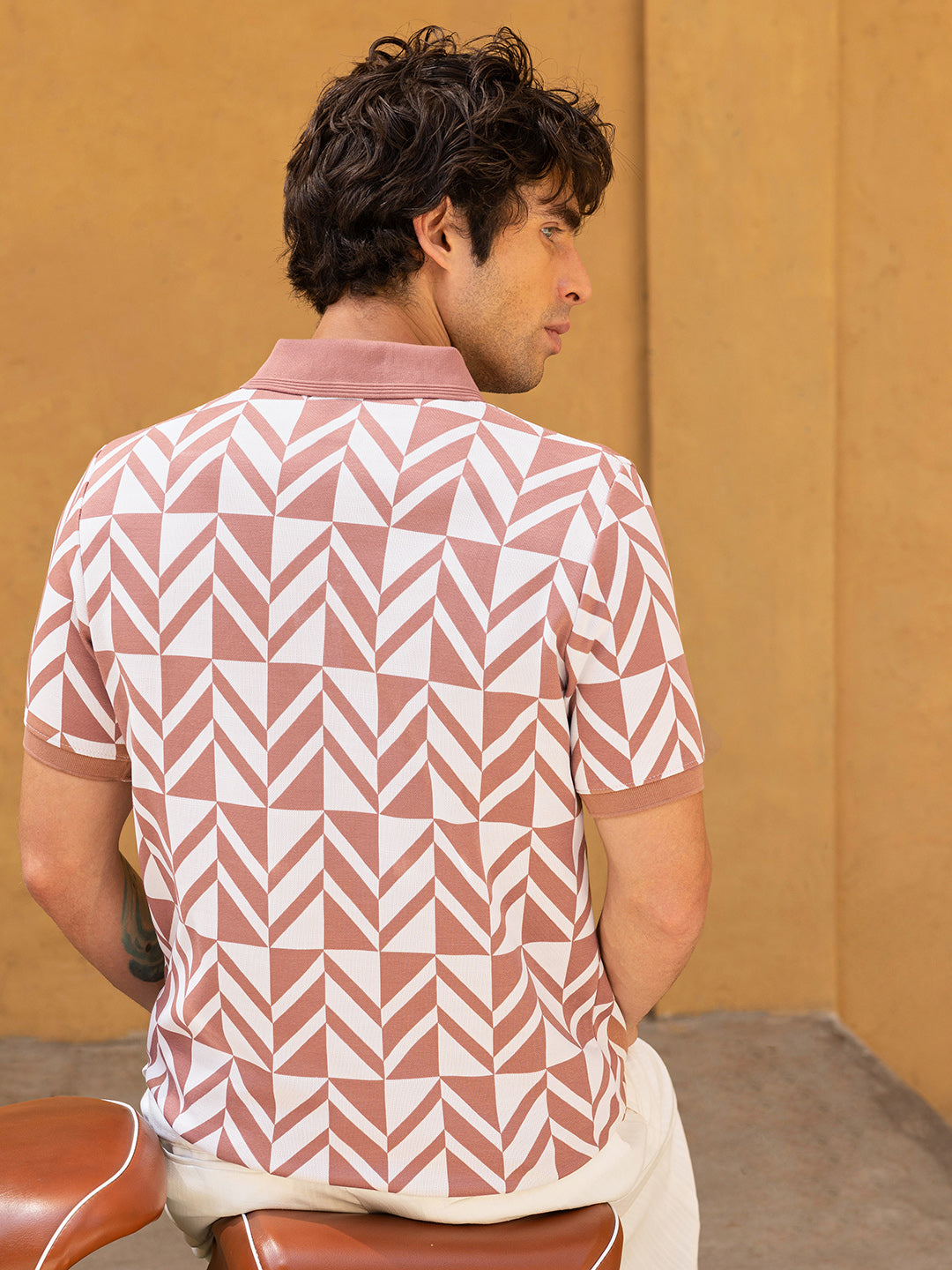 Men's Mauve Geometric Print Cotton Blend Polo T-Shirt