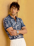 Men's Navy Blue Abstract Floral Printed Zippered Polo T-Shirt