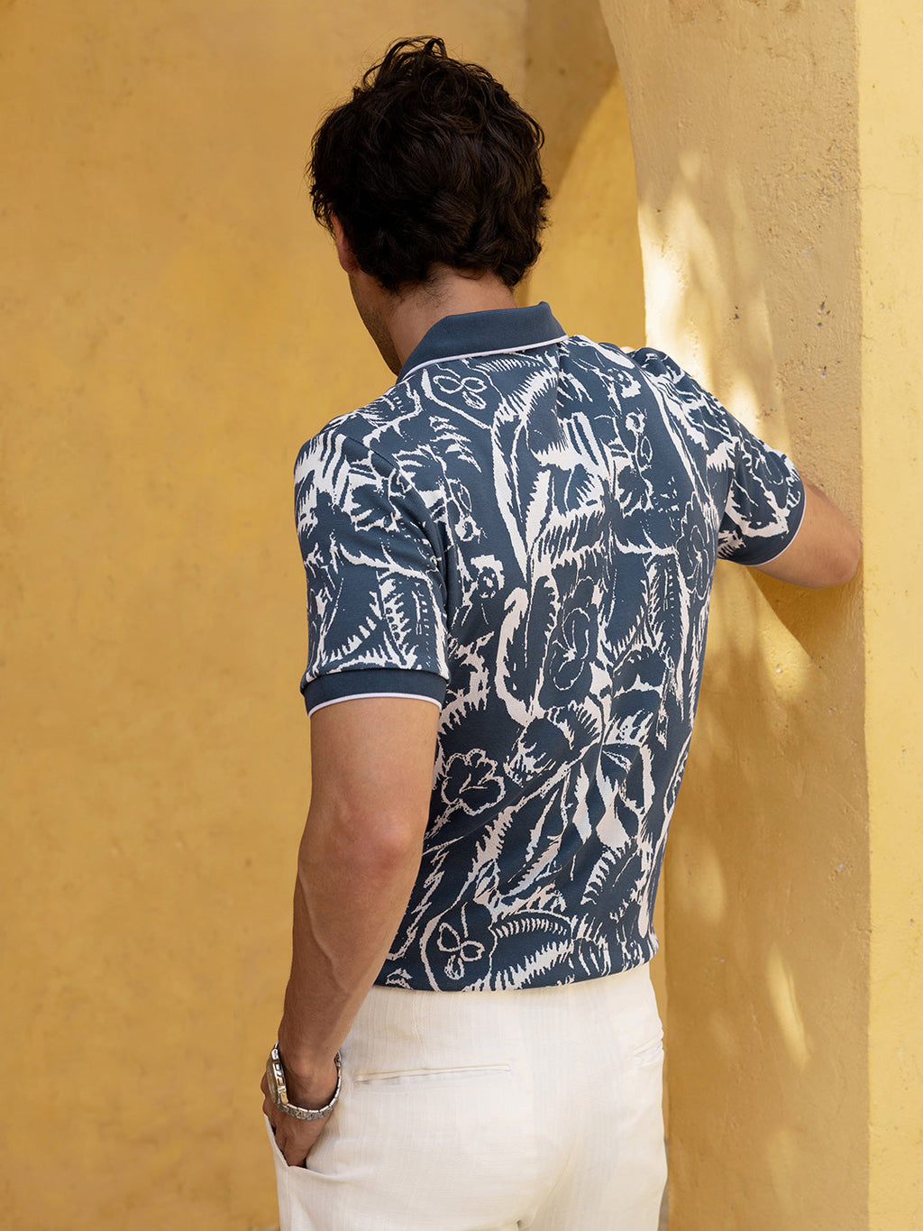Men's Navy Blue Abstract Floral Printed Zippered Polo T-Shirt