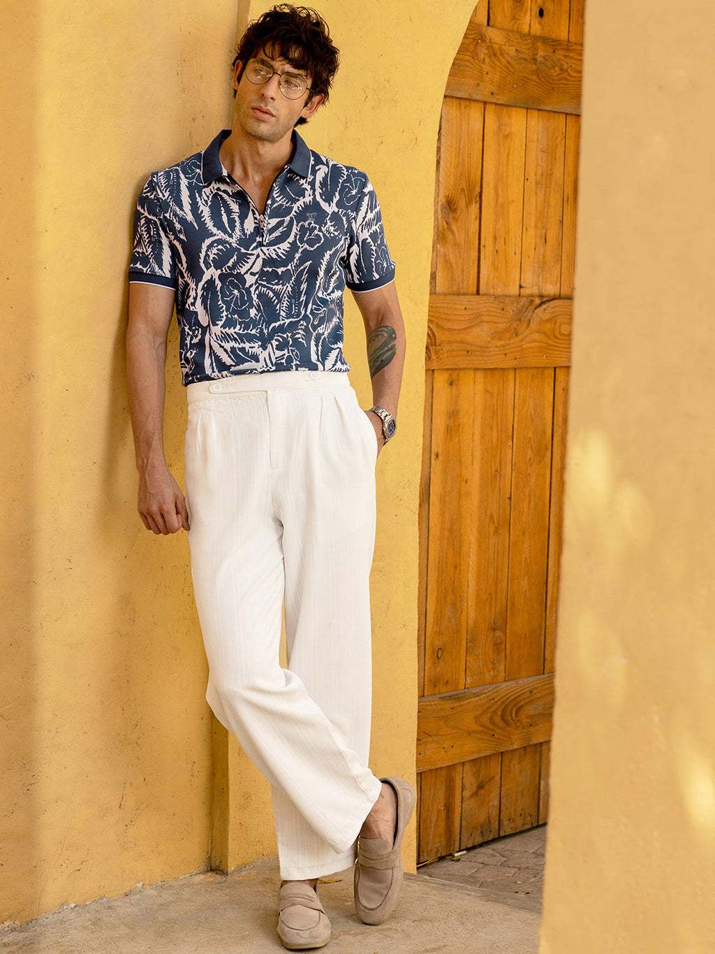 Men's Navy Blue Abstract Floral Printed Zippered Polo T-Shirt