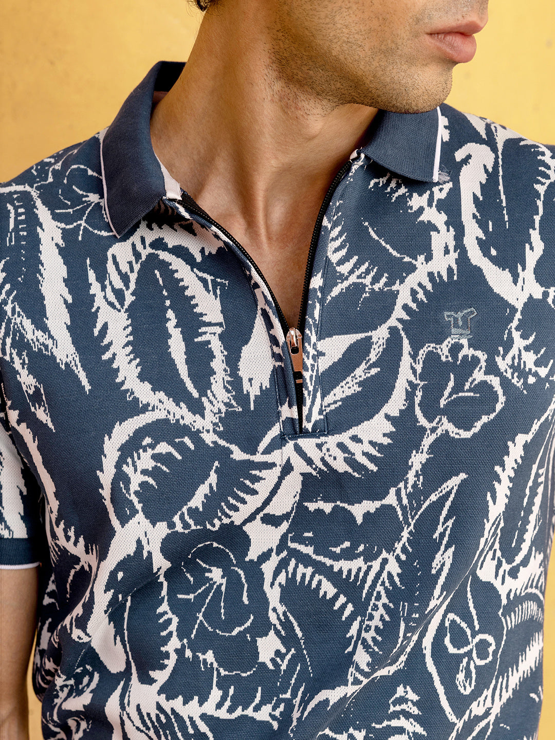 Men's Navy Blue Abstract Floral Printed Zippered Polo T-Shirt
